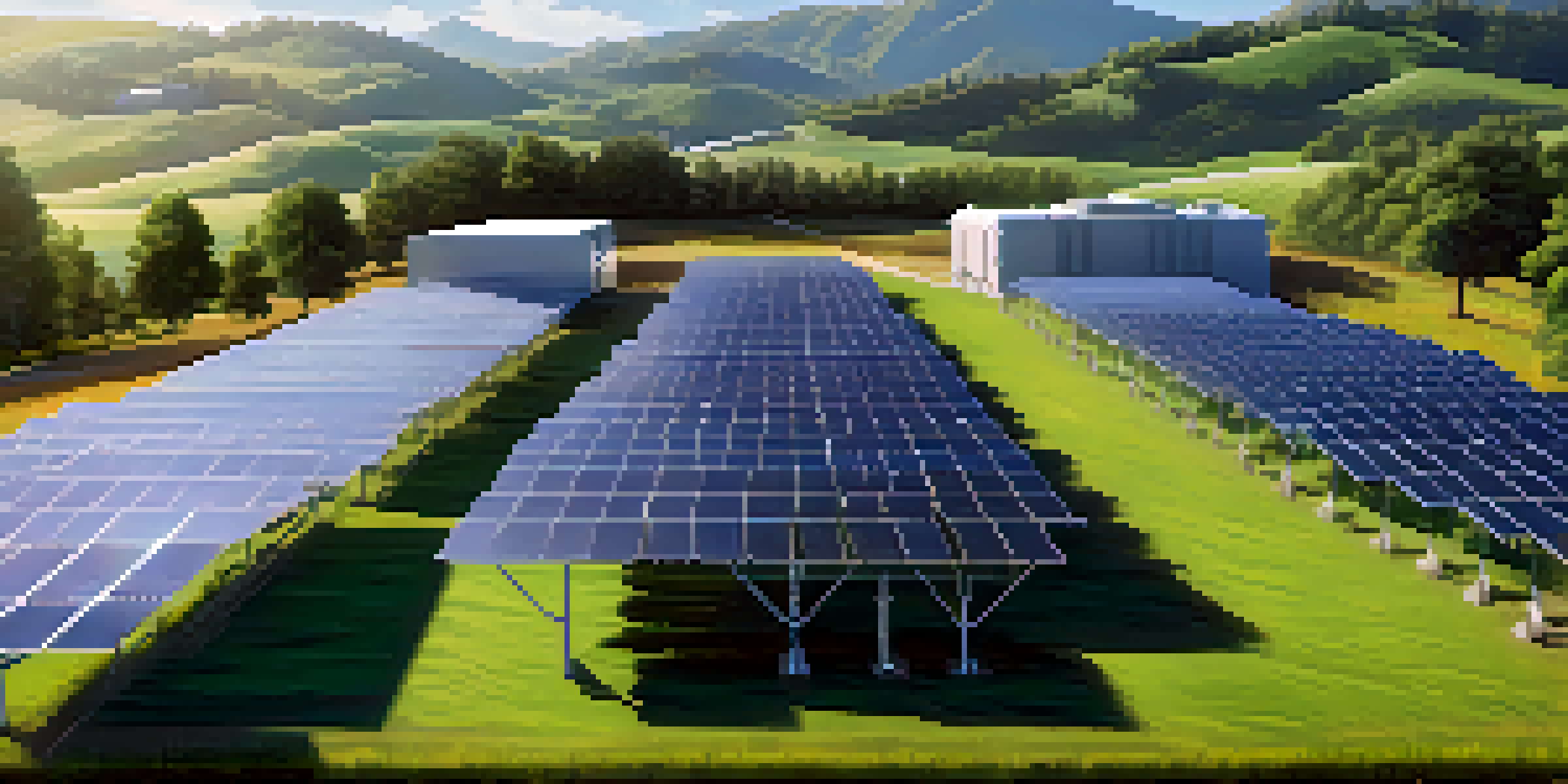 A large solar-powered cryptocurrency mining farm with solar panels and mining rigs under a blue sky.