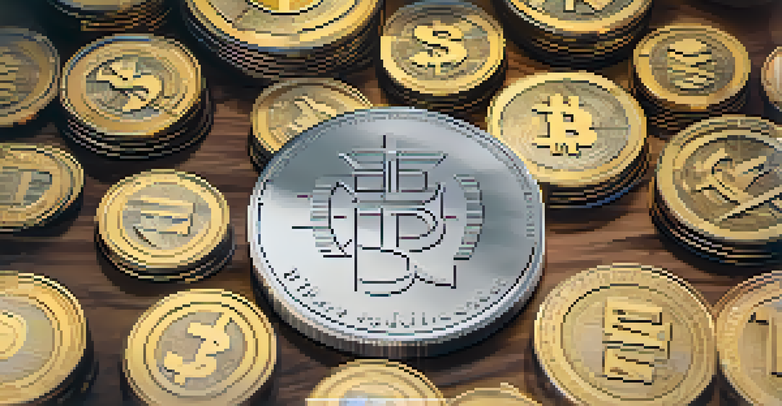 Close-up of physical stablecoin representations stacked on a table with a stock exchange background.