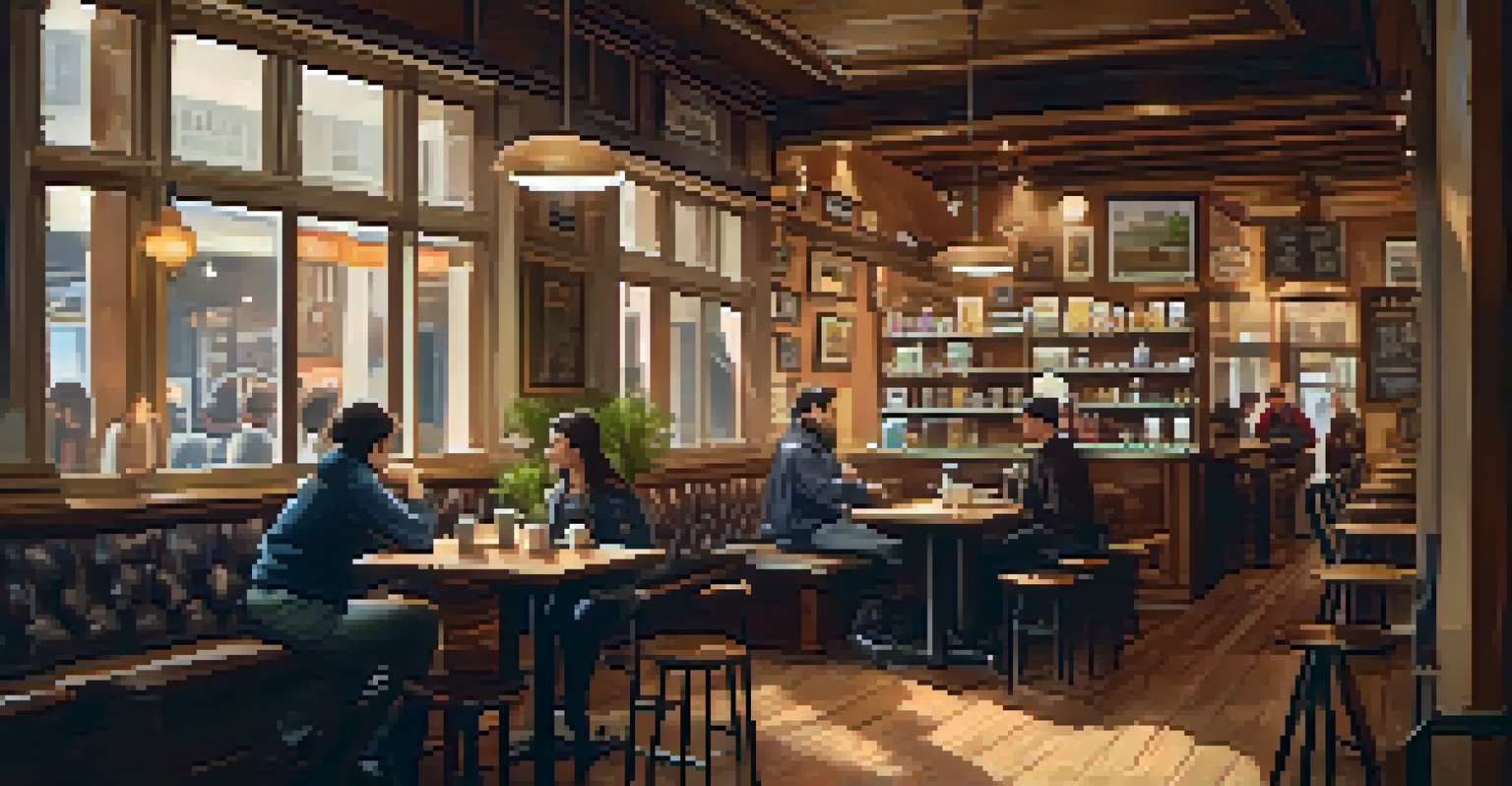 A cozy coffee shop with a cup of coffee and a book on a wooden table, with patrons in the background.