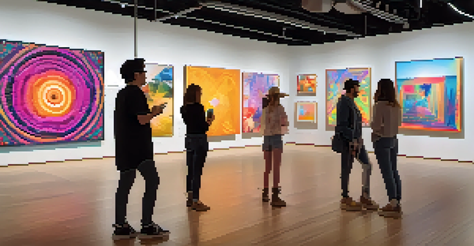 A virtual art gallery filled with colorful digital artworks, illuminated by spotlights, with visitors using augmented reality devices.
