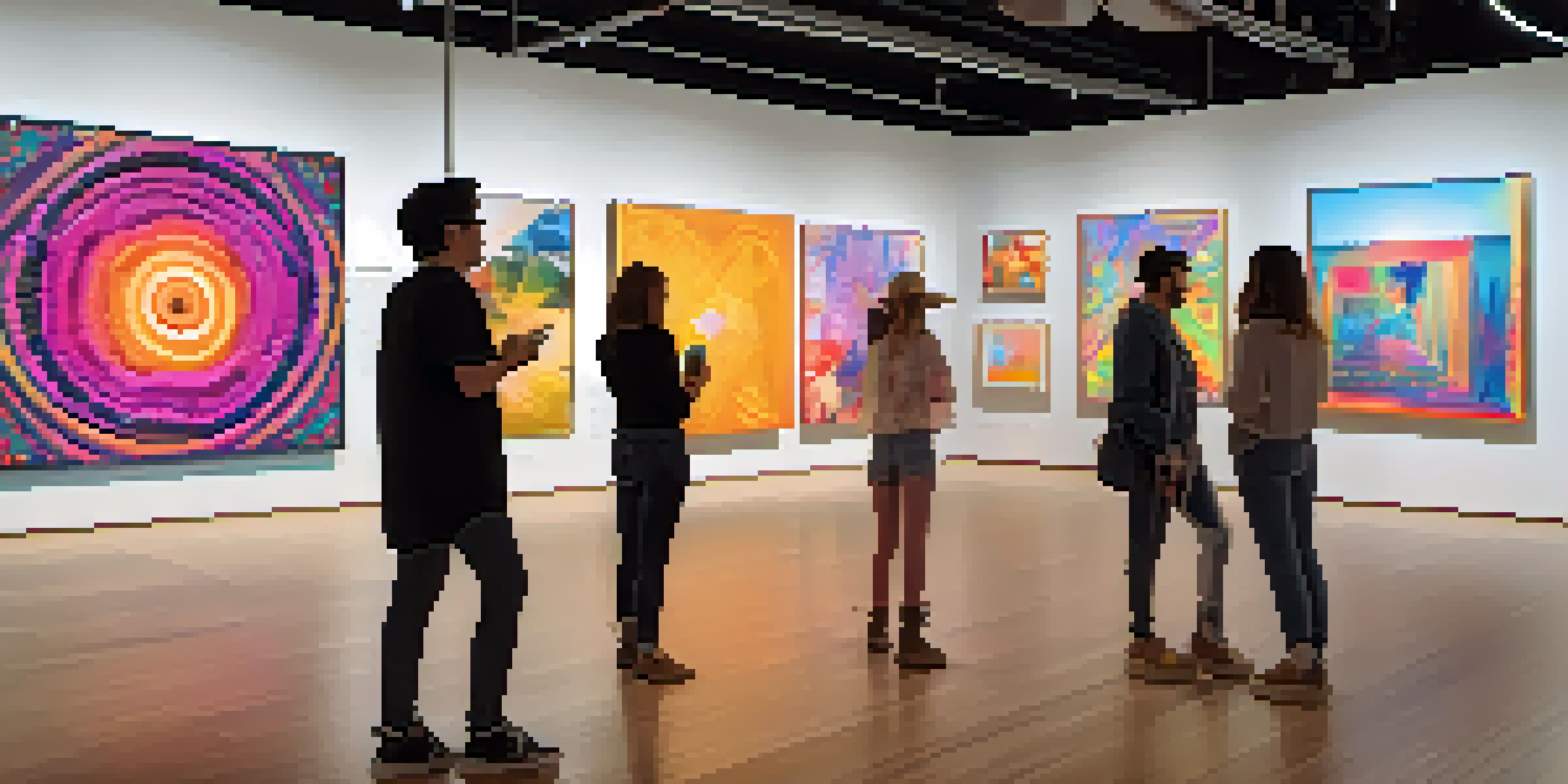 A virtual art gallery filled with colorful digital artworks, illuminated by spotlights, with visitors using augmented reality devices.