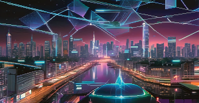 A futuristic city at night with neon lights and a digital billboard showing blockchain technology.