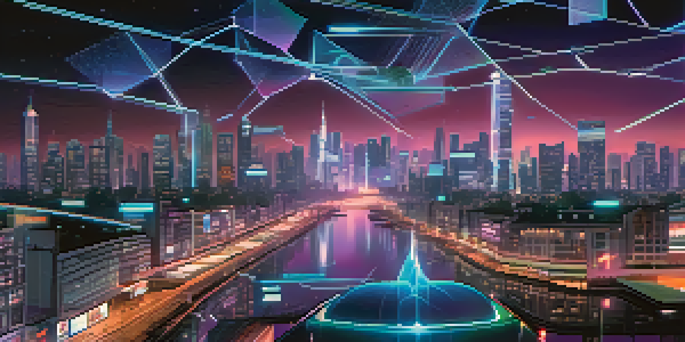 A futuristic city at night with neon lights and a digital billboard showing blockchain technology.