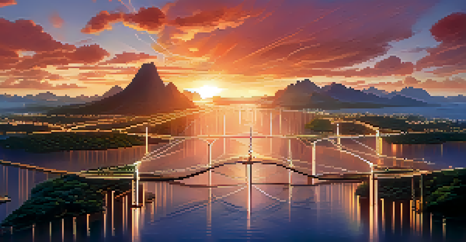 A visual metaphor of blockchain interoperability, showing islands connected by glowing bridges under a sunset sky.