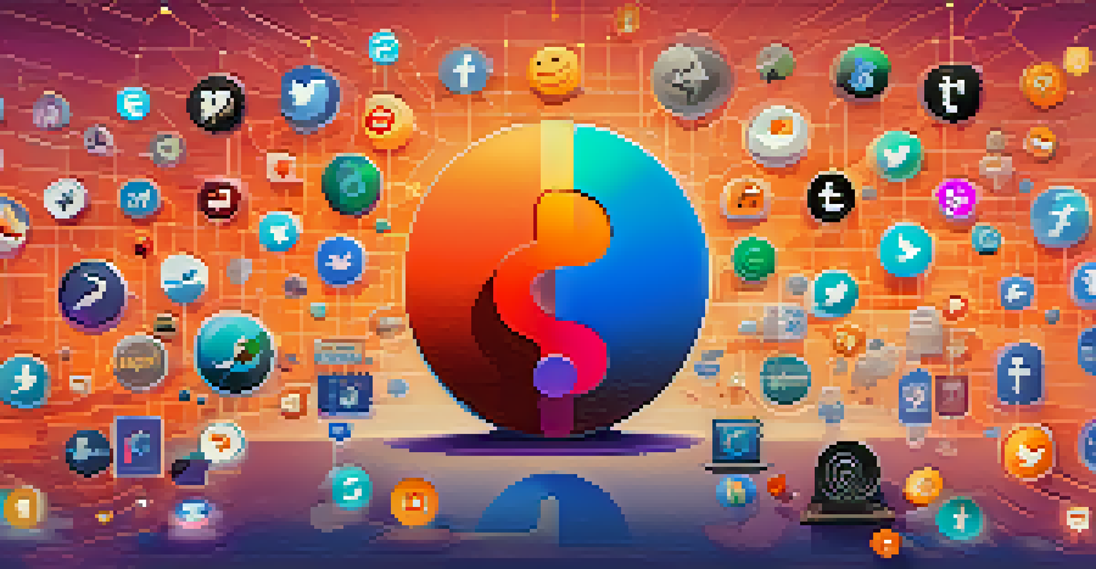 An artistic social media feed showcasing cryptocurrency posts with mixed sentiments, including emojis and graphs in a colorful background.