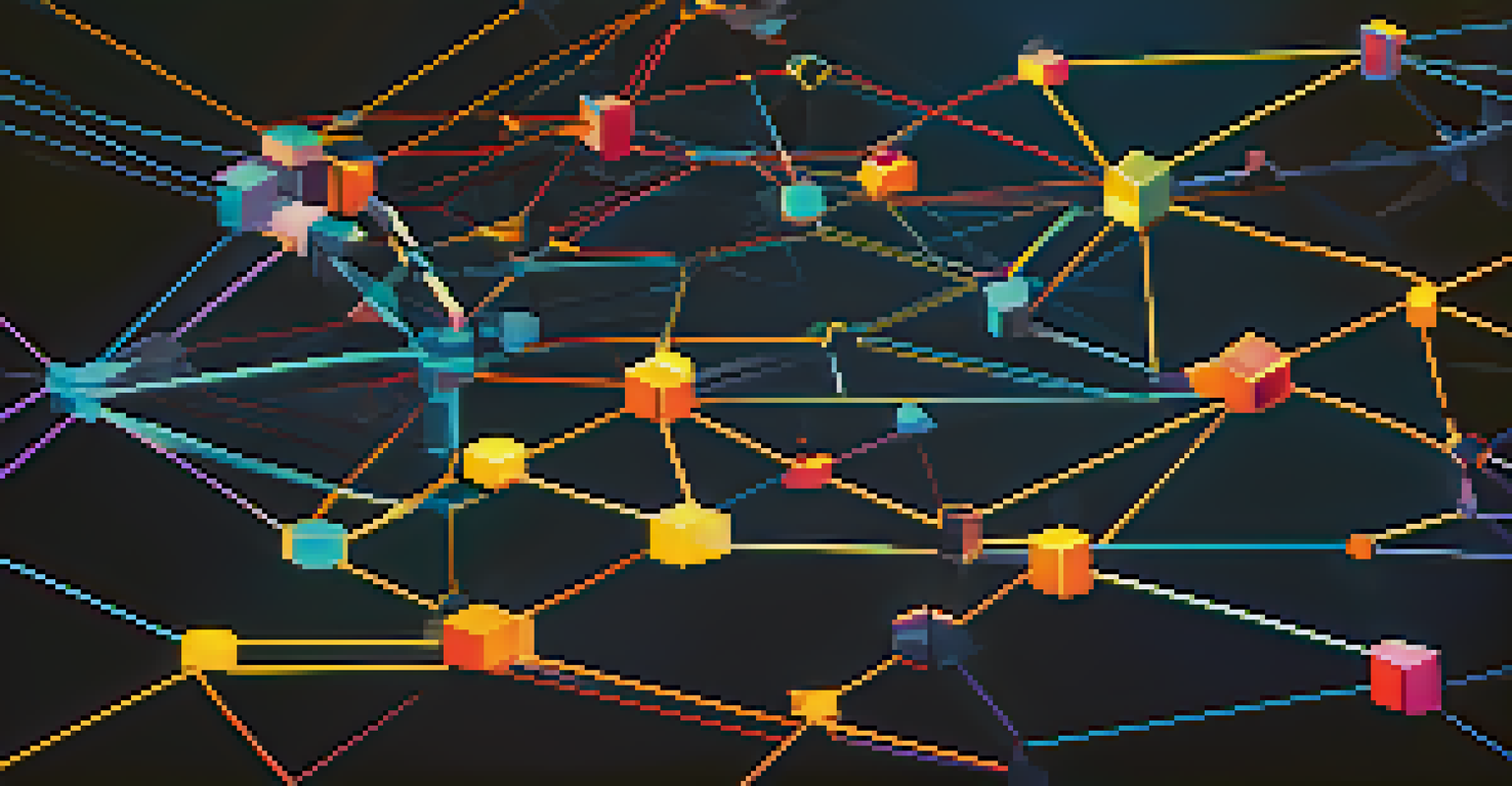 An abstract image of a colorful blockchain network with interconnected nodes, illustrating innovation and stability.