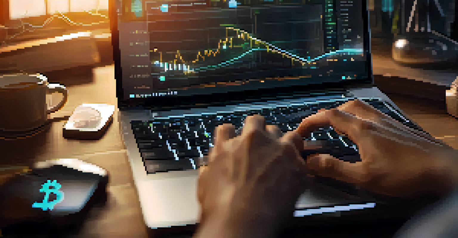 Close-up of hands typing on a laptop with a digital interface showing graphs and cryptocurrency symbols.
