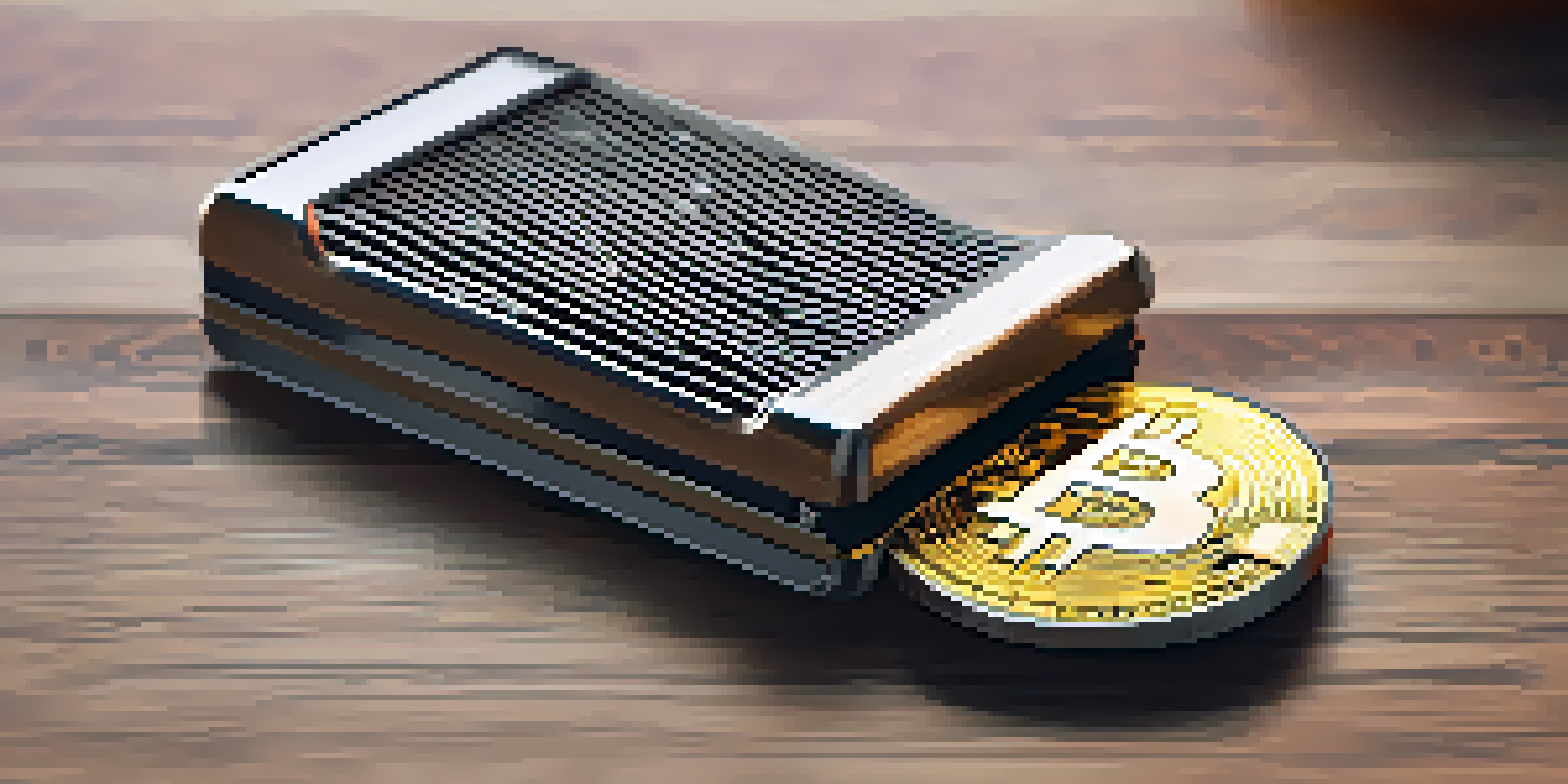 A modern cryptocurrency hardware wallet on a wooden desk, illuminated by natural light with a digital screen showing secure transactions.