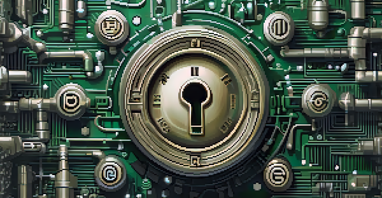 An abstract digital representation of cryptography with a lock and key, surrounded by binary code and mathematical symbols.