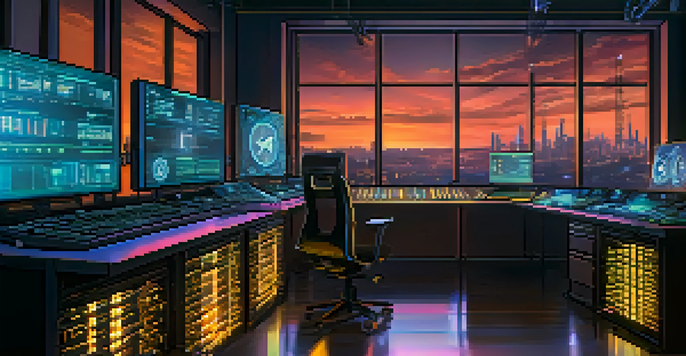 A cryptocurrency mining setup with glowing mining rigs and screens displaying mathematical algorithms, set against a city skyline at dusk.