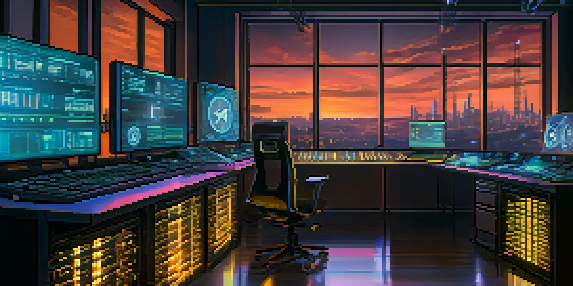A cryptocurrency mining setup with glowing mining rigs and screens displaying mathematical algorithms, set against a city skyline at dusk.