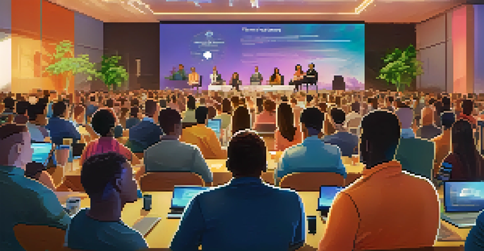 A lively philanthropic event with diverse individuals discussing cryptocurrency donations, featuring banners of various cryptocurrencies and charts on a screen.