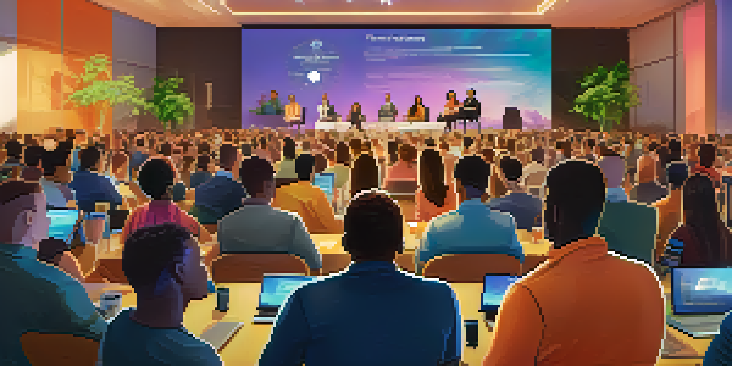 A lively philanthropic event with diverse individuals discussing cryptocurrency donations, featuring banners of various cryptocurrencies and charts on a screen.