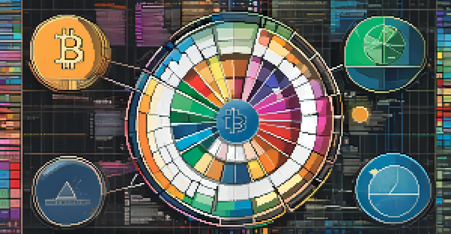An abstract pie chart displaying different cryptocurrencies against a digital background of market trends.