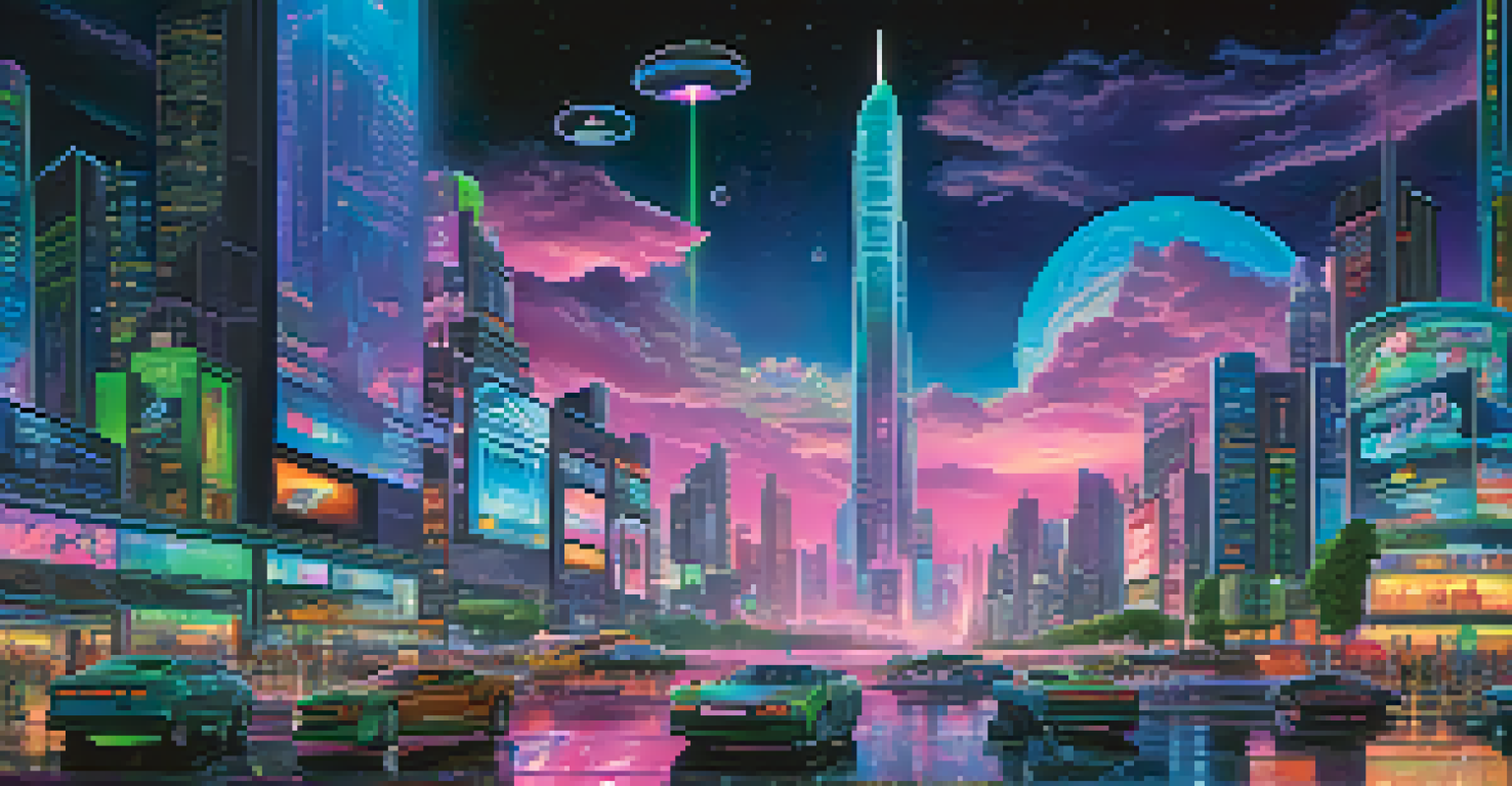 A futuristic city skyline at night with holographic cryptocurrency advertisements and vibrant neon lights.