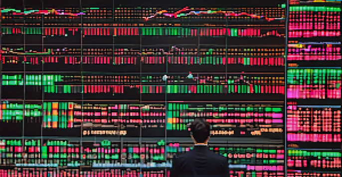 A close-up view of a cryptocurrency trading screen displaying colorful candlestick charts and price fluctuations, with a trader in the background.