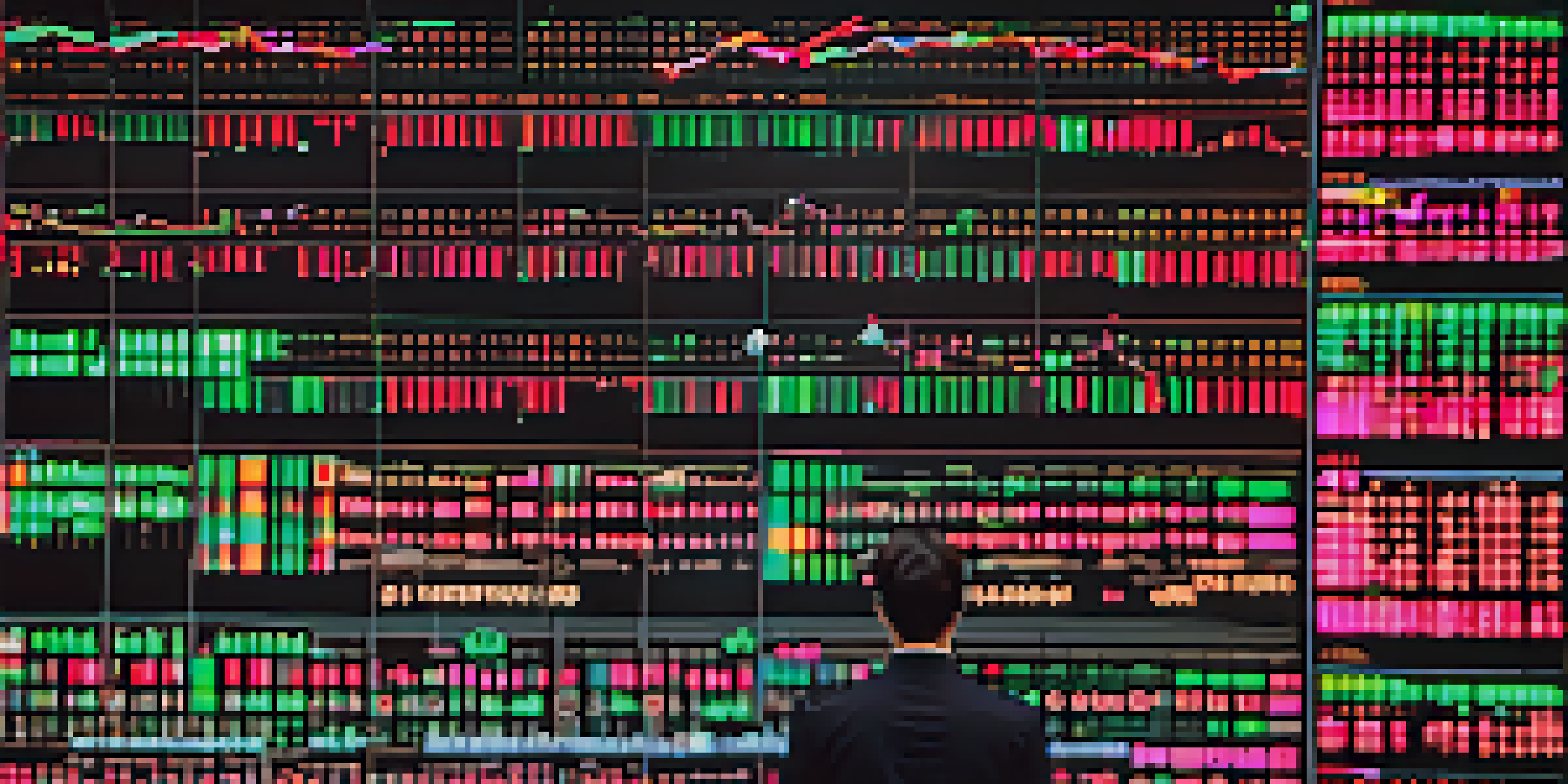 A close-up view of a cryptocurrency trading screen displaying colorful candlestick charts and price fluctuations, with a trader in the background.