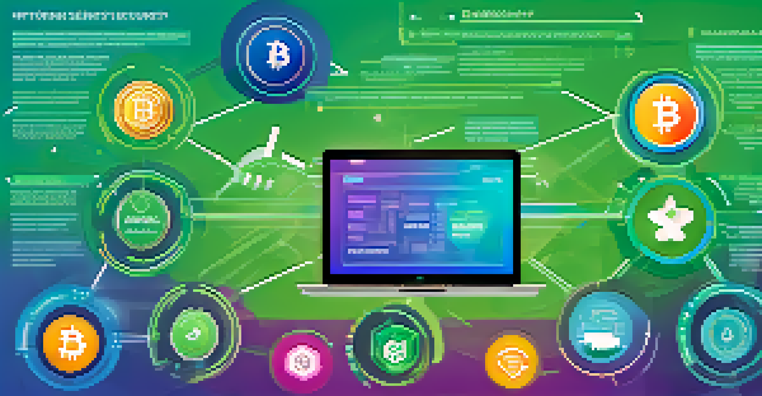 An infographic illustrating the benefits of cryptocurrency in online shopping, featuring colorful icons and a blue-green gradient background.