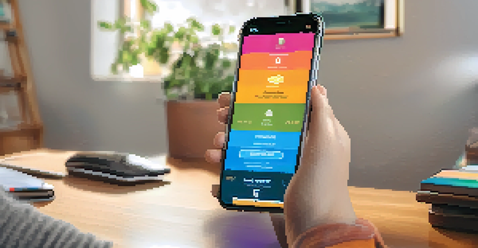 A user engaging with a cryptocurrency application on their smartphone in a cozy home office setting, highlighting the app's vibrant interface.