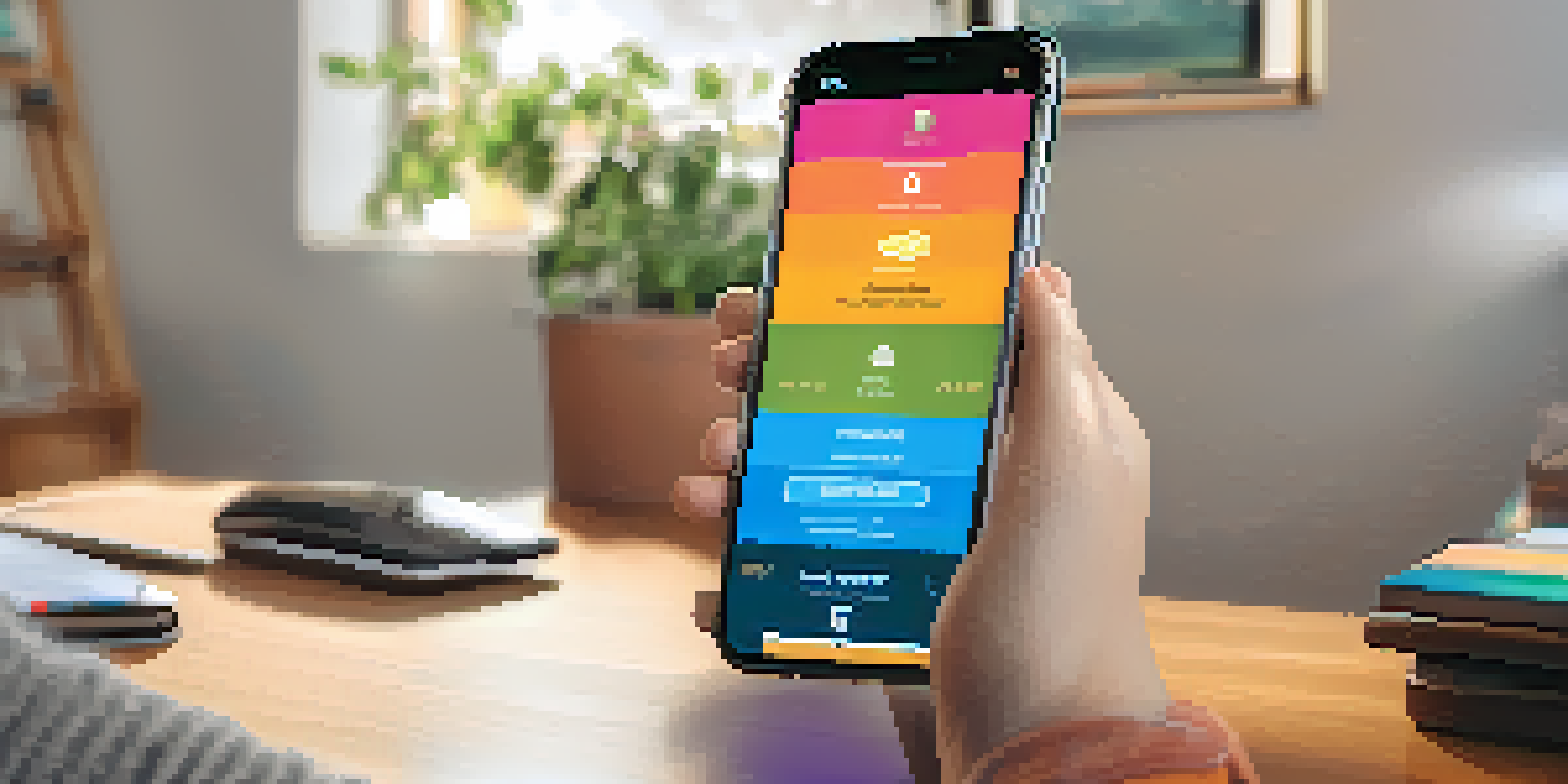 A user engaging with a cryptocurrency application on their smartphone in a cozy home office setting, highlighting the app's vibrant interface.