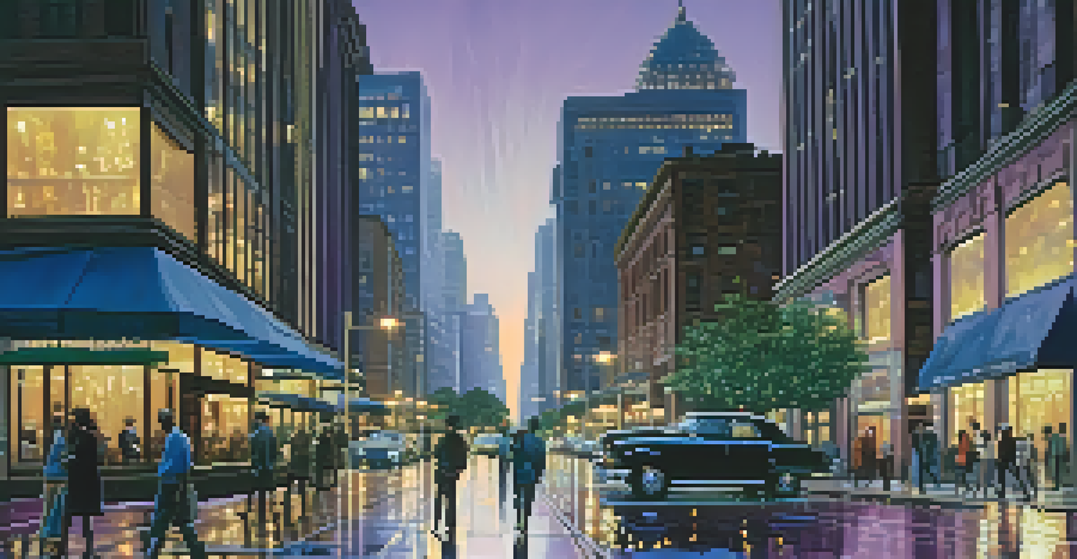 A vibrant city street at twilight with glowing skyscrapers and reflections on wet pavement.