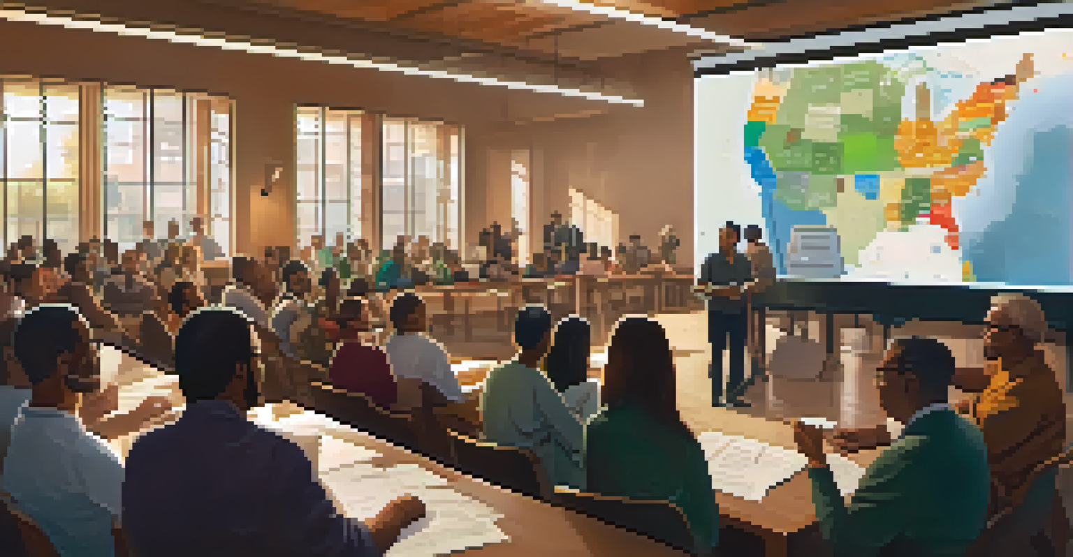 A community meeting scene with diverse individuals discussing governance in a token economy, surrounded by charts and warm lighting.