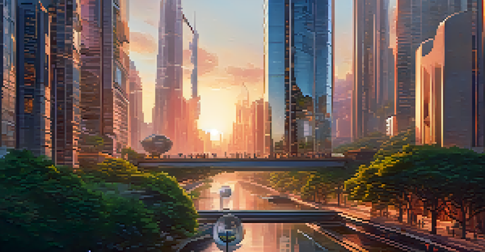 A colorful futuristic city at dusk with skyscrapers, flying vehicles, and greenery.