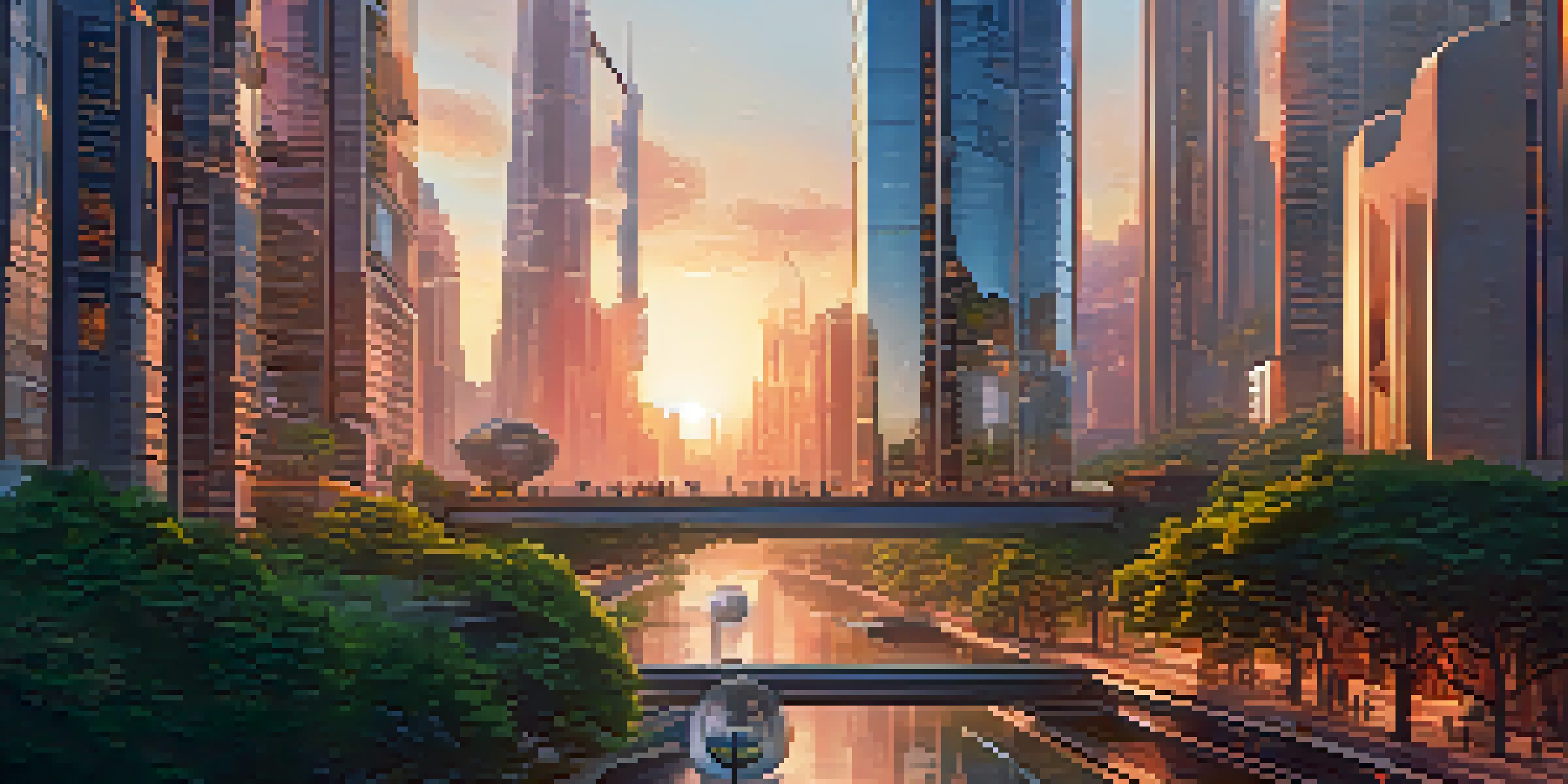 A colorful futuristic city at dusk with skyscrapers, flying vehicles, and greenery.