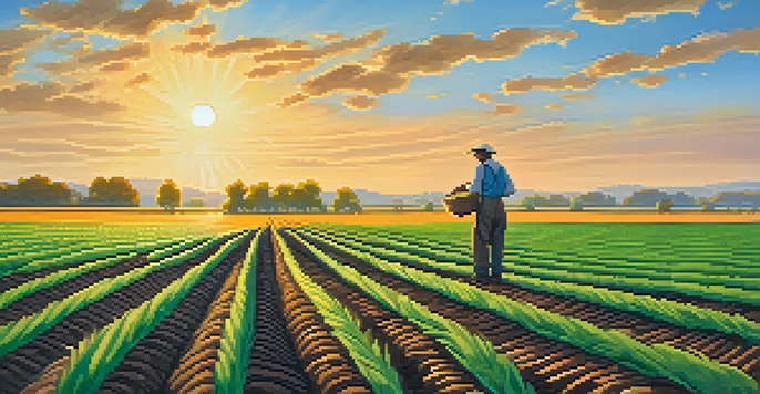 A farmer planting seeds in a green field at sunset, representing yield farming.
