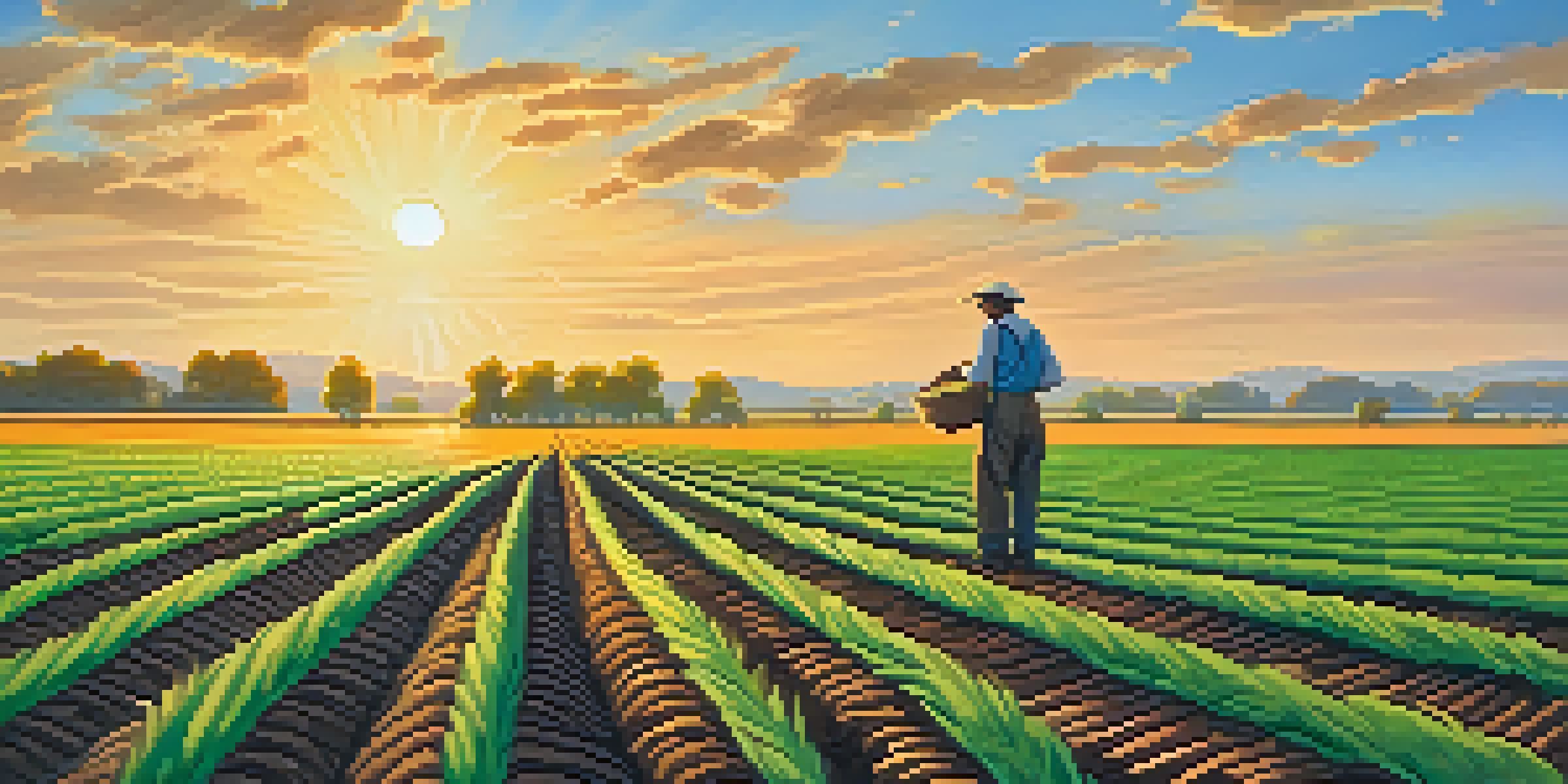 A farmer planting seeds in a green field at sunset, representing yield farming.