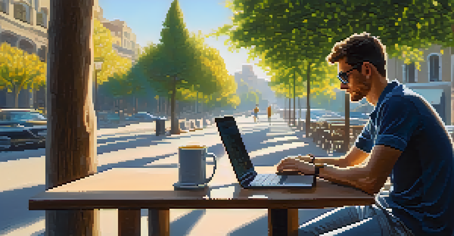 A person at a café table using a laptop to analyze cryptocurrency market trends, with a coffee cup beside them.