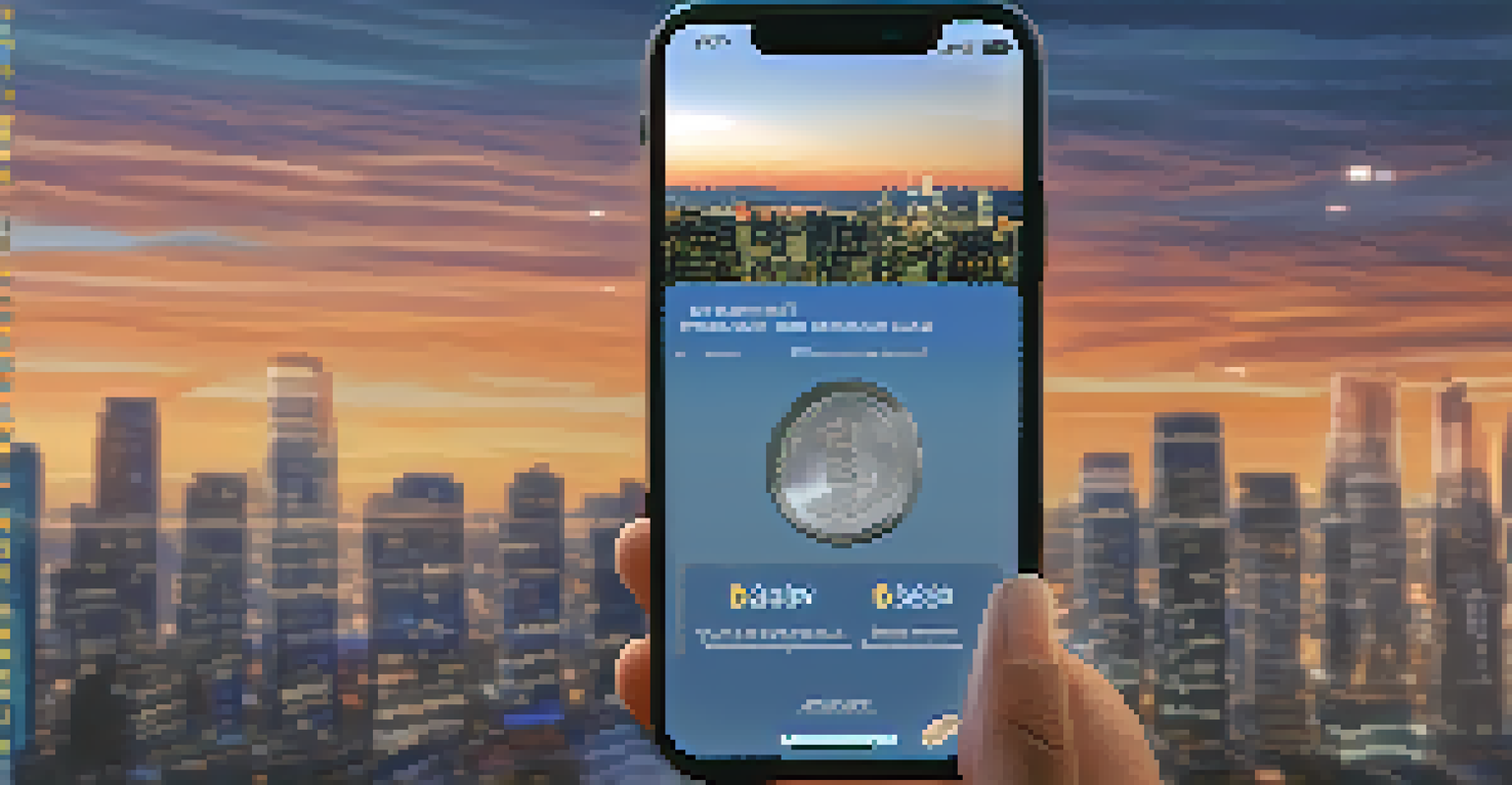 A person using a smartphone app for privacy coins against a city skyline at dusk.