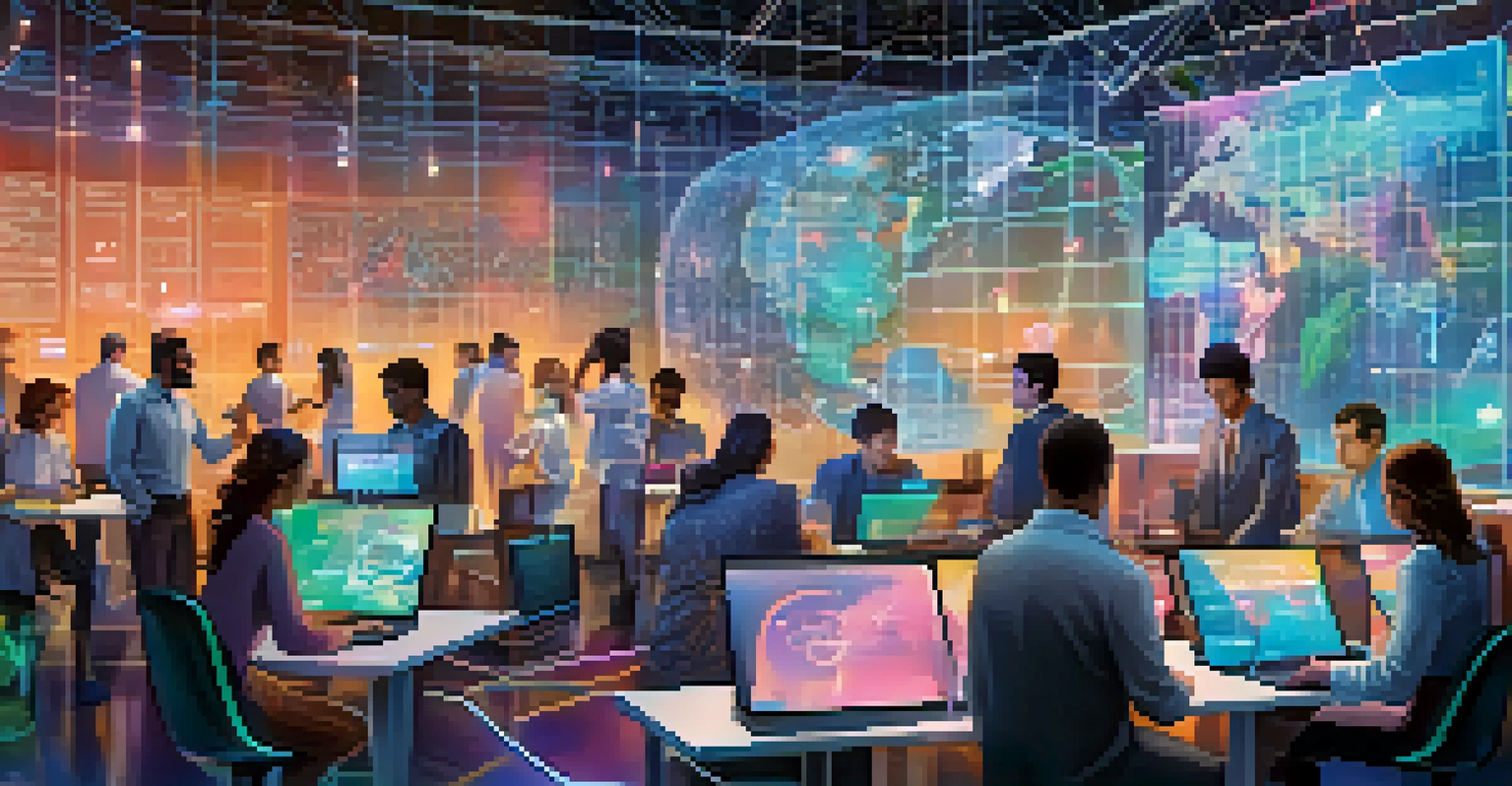 An abstract scene depicting diverse individuals participating in decentralized finance transactions in a futuristic digital marketplace.