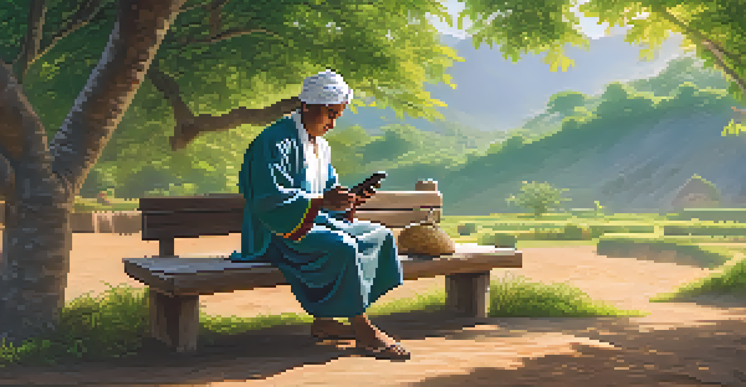 A villager in traditional attire using a smartphone in a lush green outdoor setting, representing financial inclusion through cryptocurrency.