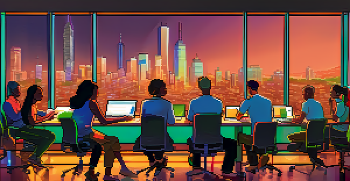 A diverse group of people engaged in a collaborative discussion around a table filled with technology and blockchain materials, with a modern cityscape view through the windows.