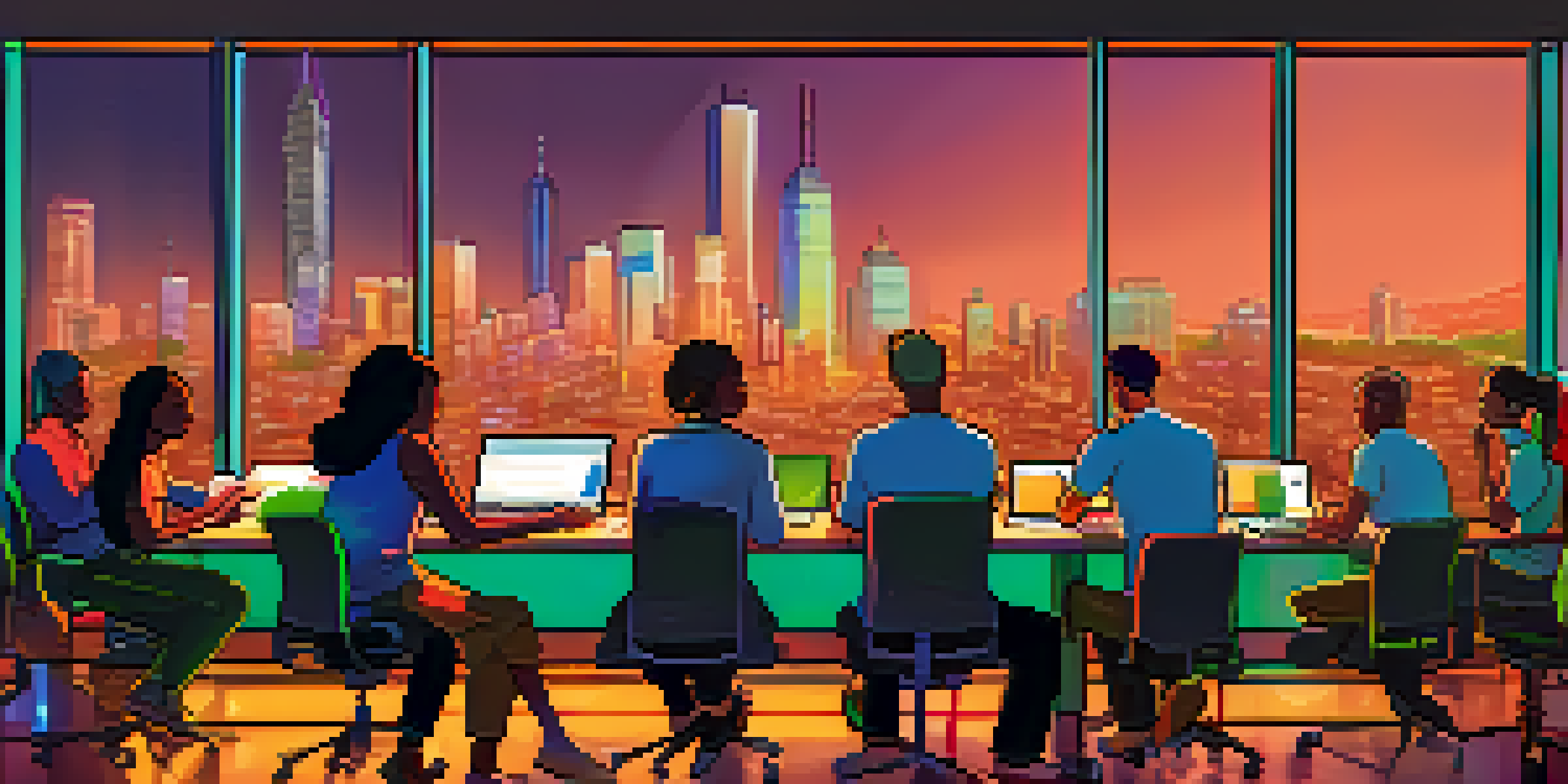 A diverse group of people engaged in a collaborative discussion around a table filled with technology and blockchain materials, with a modern cityscape view through the windows.