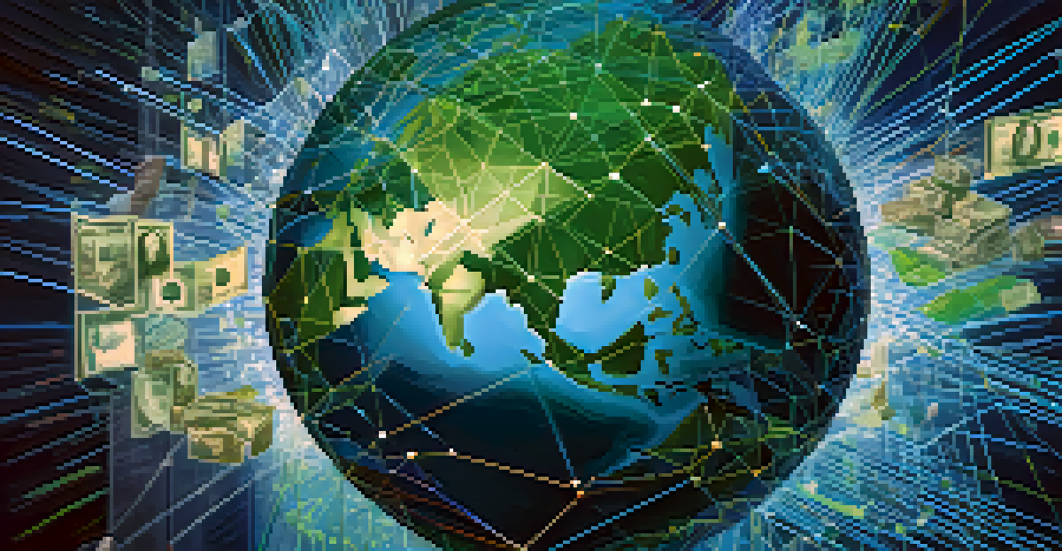 A visual depiction of a blockchain network with interconnected nodes over a globe, representing global cryptocurrency transactions.
