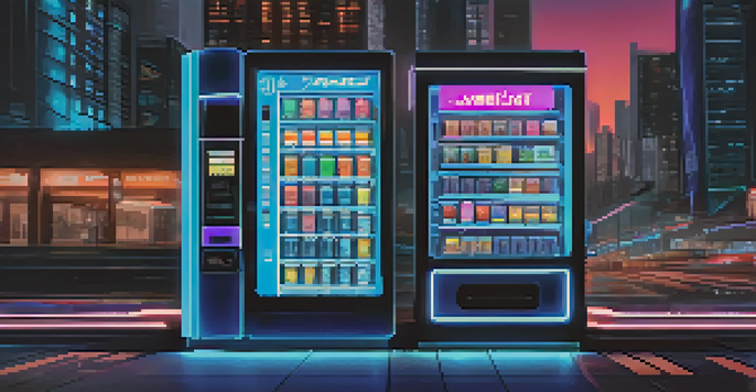 A digital vending machine interface with smart contracts options displayed, set against a futuristic city background.