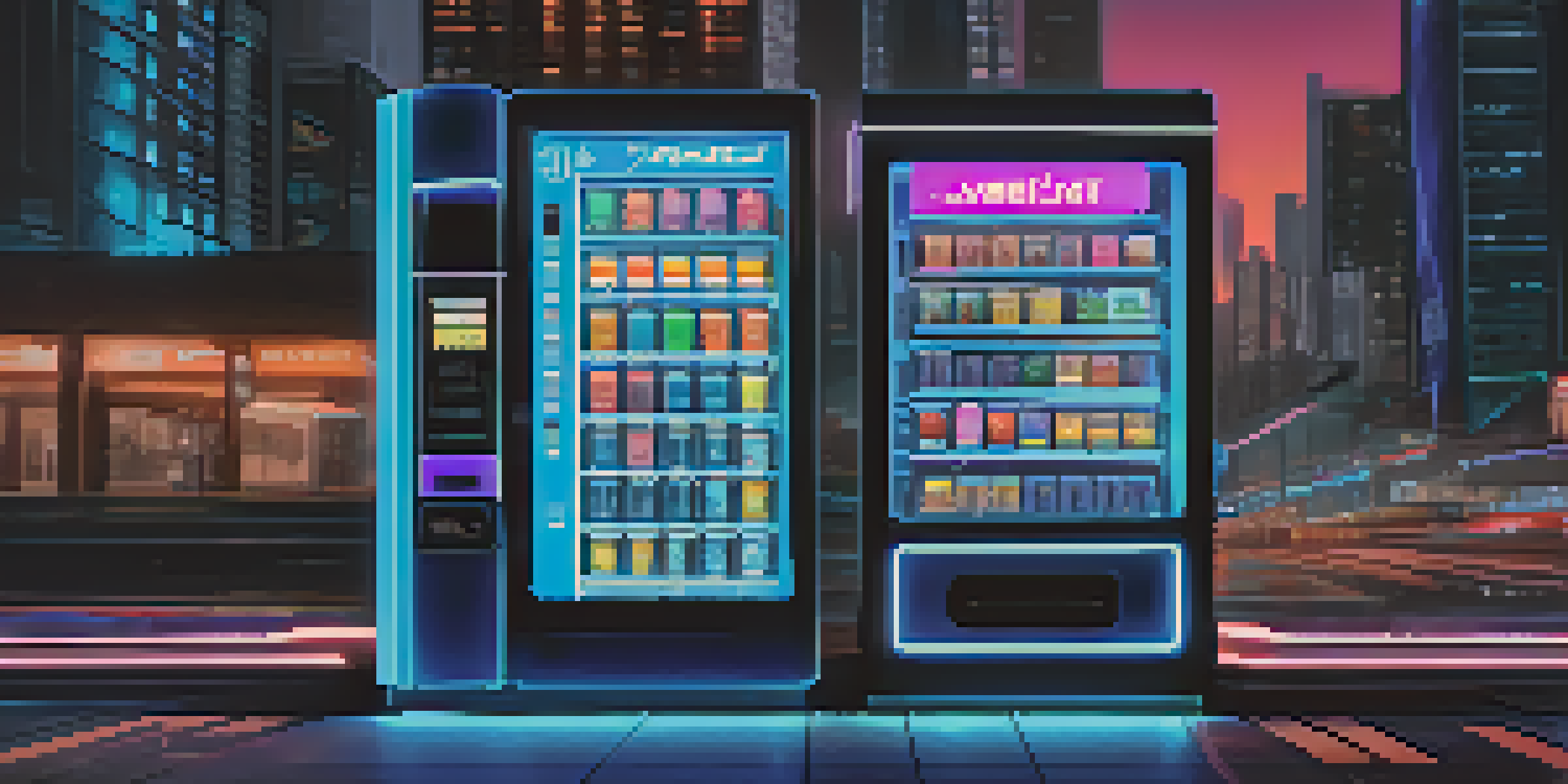 A digital vending machine interface with smart contracts options displayed, set against a futuristic city background.