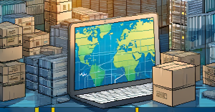 A close-up of a digital tablet showing a blockchain ledger, with shipping containers and a globe in the background, illuminated by soft warm light.