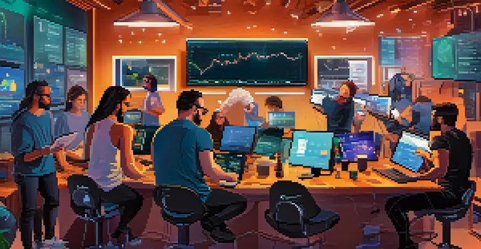 An artist illustrating an infographic about cryptocurrency influencers, with charts and diverse individuals in a tech-filled studio.