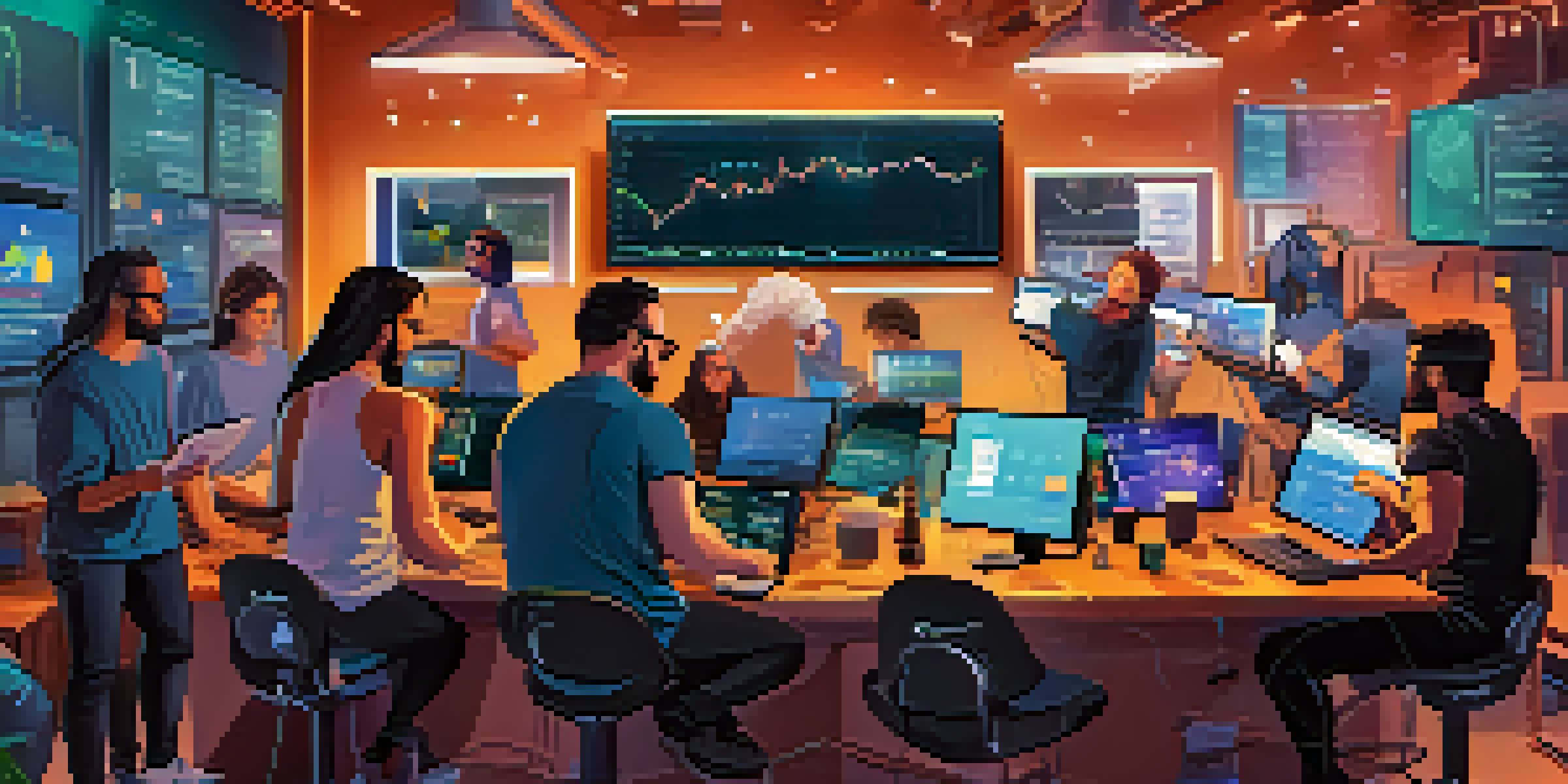 An artist illustrating an infographic about cryptocurrency influencers, with charts and diverse individuals in a tech-filled studio.