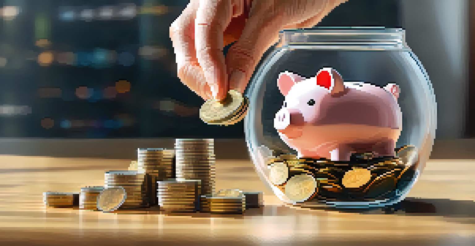 A hand placing coins into a transparent piggy bank on a wooden table, symbolizing reinvesting dividends and gradual wealth building.