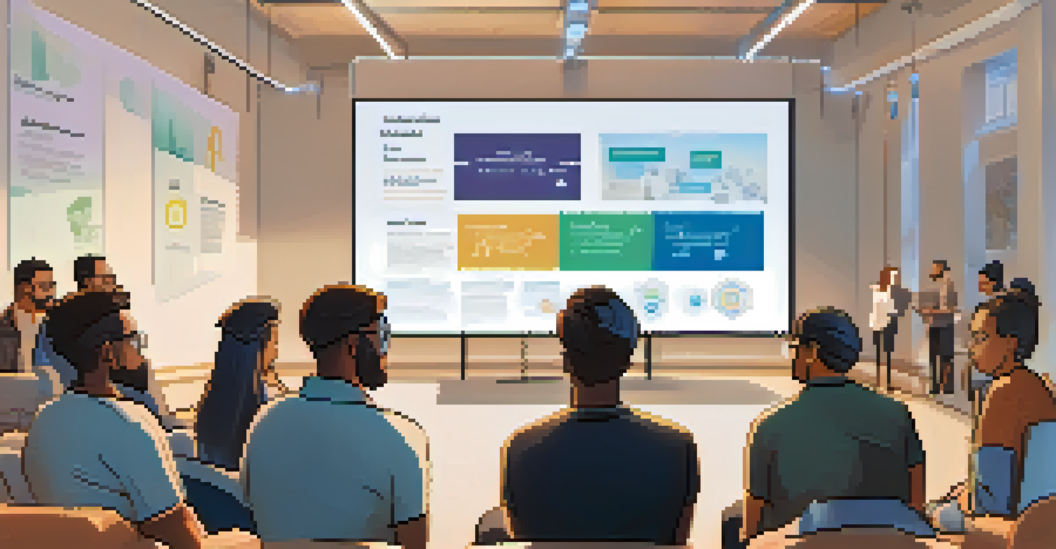 A workshop scene with people learning about stablecoins, featuring a speaker and educational materials.