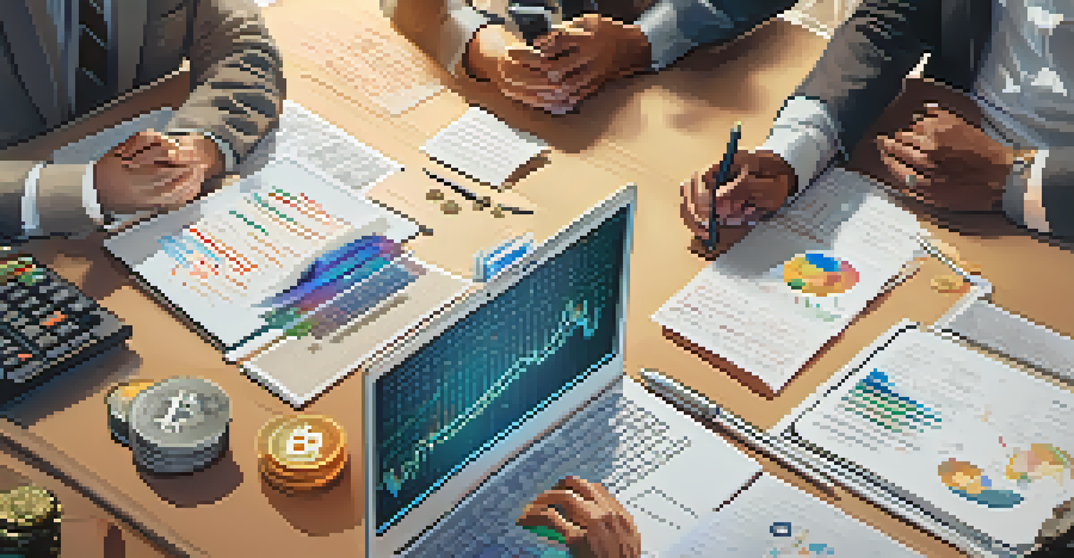 A diverse group of people discussing cryptocurrency around a table with laptops and charts.