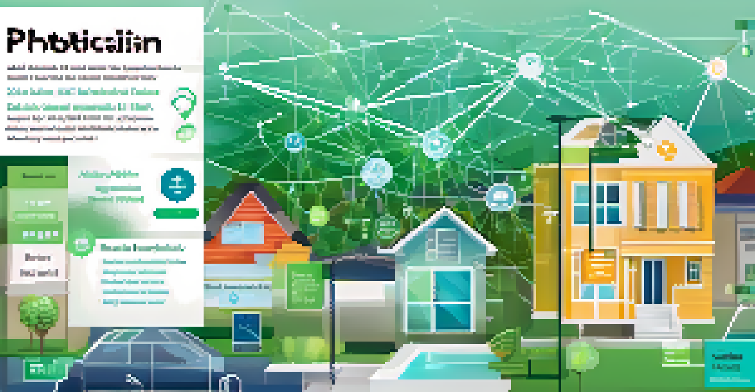 An infographic illustrating blockchain technology in real estate with interconnected nodes and visual representations of homes and contracts.