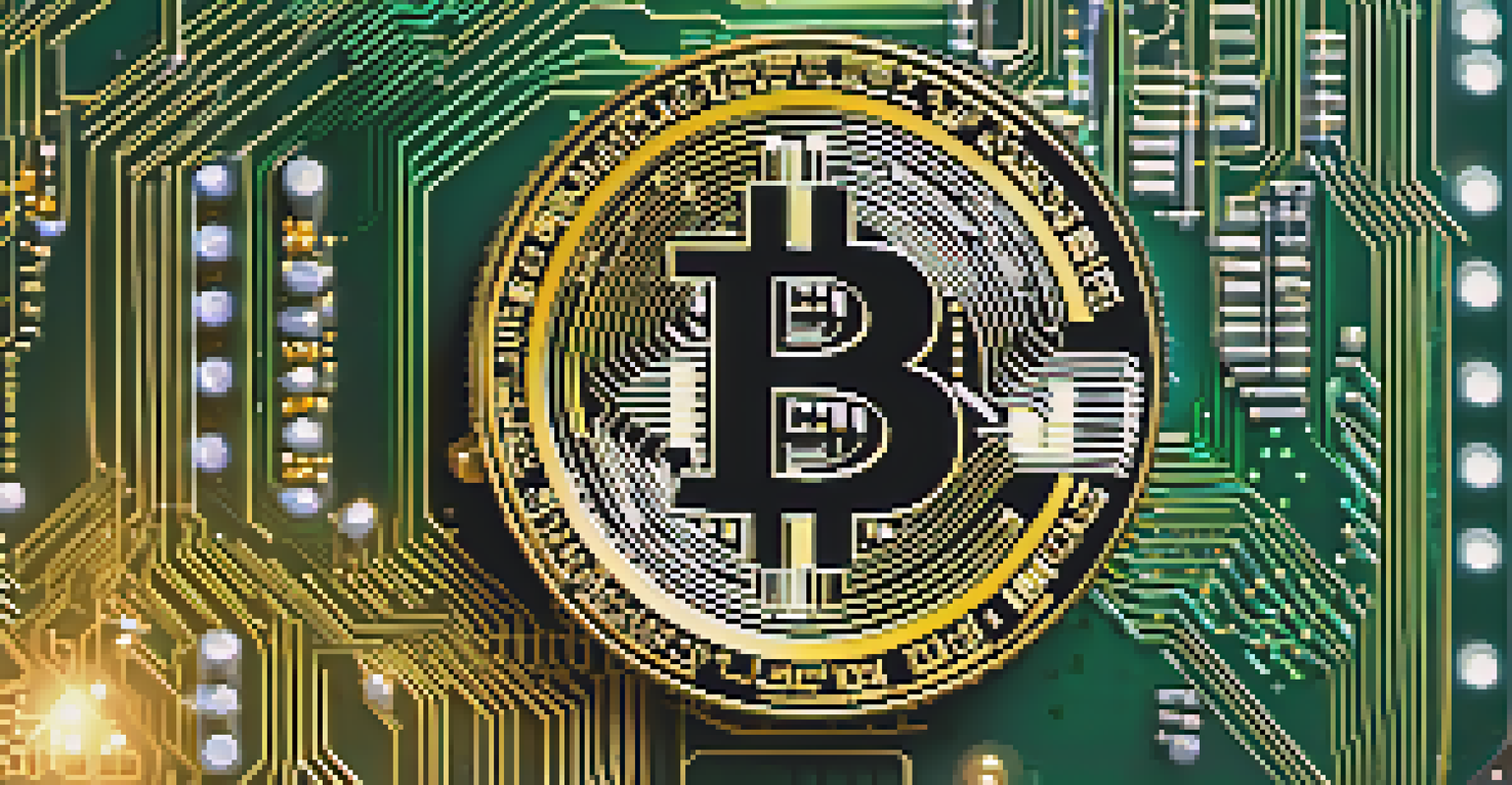 A close-up of a gold Bitcoin coin on a digital circuit board, with glowing lines symbolizing digital transactions.