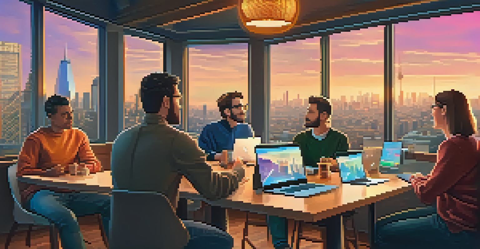 A group of people in a café discussing cryptocurrency, with laptops and coffee on the table.