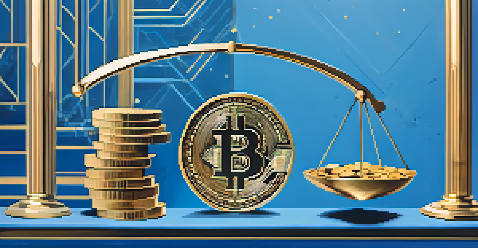 An abstract image depicting a balance scale with coins and a rising and falling graph in a blue and gold background.