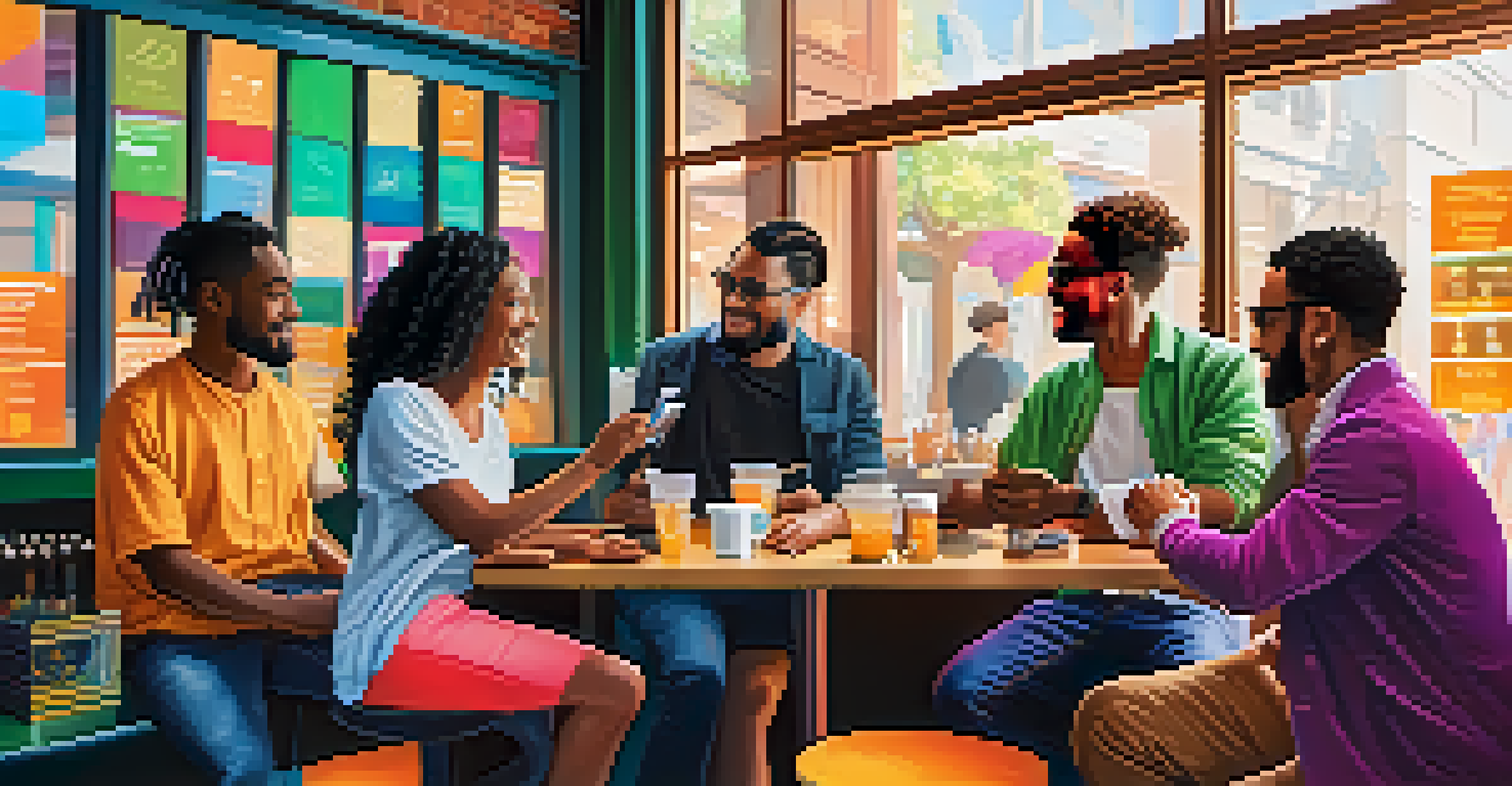 A diverse group of people making a cryptocurrency transaction at a café with a barista.